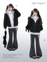 MJMTシリーズ｜ボーダー ハイウエスト フレアパンツ 切り替え ブラック/カーキ S/M/L/XL