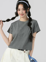 下集シリーズ｜ショート丈 半袖Tシャツ｜正肩 スリム リブ編み 無地 ヘザーグレー/ホワイト/ブラック/ベージュ S〜XL