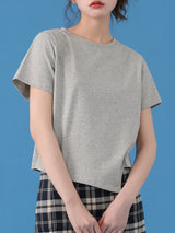 下集シリーズ｜グレー アシンメトリーヘム 半袖Tシャツ｜短め丈 正肩 コットン ダークグレー/ホワイト/ブラック/ピンク/ライトブルー S〜XL