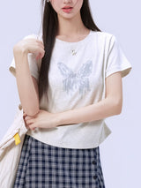 下集シリーズ｜バタフライプリント サイドシャーリング 半袖Tシャツ｜正肩 短め丈 2カラー S〜XL