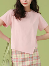 下集シリーズ｜アシンメトリーヘム 半袖Tシャツ｜ピンク 短め丈 正肩 コットン ブラック/ホワイト/グレー/ライトブルー S〜XL