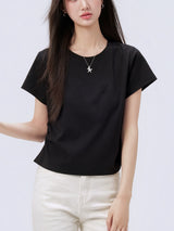 下集シリーズ｜サイドシャーリング 半袖Tシャツ｜ブラック 正肩 ゆったり 短め丈 3カラー S〜XL
