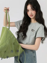 下集シリーズ｜ワンポイント刺繍 半袖Tシャツ｜正肩 ゆったり 短め丈 ヒースグレー/ブルー/クリームイエロー S〜XL