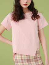 下集シリーズ｜アシンメトリーヘム 半袖Tシャツ｜ピンク 短め丈 正肩 コットン ブラック/ホワイト/グレー/ライトブルー S〜XL