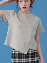 下集シリーズ｜グレー アシンメトリーヘム 半袖Tシャツ｜短め丈 正肩 コットン ダークグレー/ホワイト/ブラック/ピンク/ライトブルー S〜XL