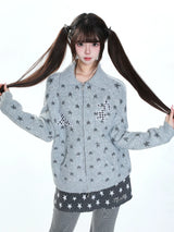 MJMTシリーズ｜スター柄 ニットカーディガン 襟付き ジップアップ グレー/ブルー ゆったり 秋冬 M/L/XL
