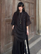 FG721シリーズ｜重ね着風 半袖シャツ 新中式 アシンメトリー ユニセックス ベルト付き選択可 M/L/XL