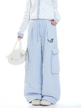 MJMTシリーズ｜ブルーストライプ ワイドカーゴパンツ 裏起毛 ウエストゴム 冬 S/M/L/XL