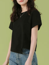 下集シリーズ｜アシンメトリーヘム 半袖Tシャツ｜ブラック 短め丈 正肩 コットン ホワイト/ピンク/グレー/ライトブルー S〜XL