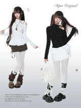 MJMTシリーズ｜ドット柄 オフショルダー風 長袖Tシャツ リボン フリル裾 ブラック/ホワイト S/M/L