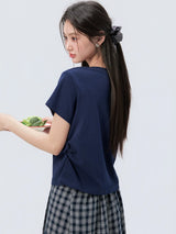 下集シリーズ｜ネイビー サイドシャーリング 半袖Tシャツ｜短め丈 コットン ブラック/ネイビー/ライトグレー S〜XL