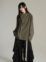 FG721シリーズ｜ダークグレー/グリーン スカーフ襟 ロングスリーブシャツ 日系レトロ ユニセックス M/L/XL