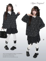 MJMTシリーズ｜ドット柄 ウールライク コート 襟付き シングルボタン ブラック 秋冬 S/M/L