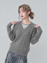 ケーブル編み Vネック ニット ディテール・着用イメージ 2