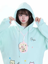 MJMTシリーズ｜猫刺繍 レイヤード風 フード付き パーカー ミント/アイボリー/ネイビー ゆったり S/M/L/XL