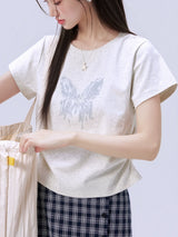 下集シリーズ｜バタフライプリント サイドシャーリング 半袖Tシャツ｜正肩 短め丈 2カラー S〜XL