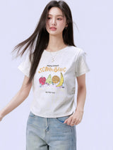 下集シリーズ｜フルーツキャラクタープリント 半袖Tシャツ｜正肩 スリム 短め丈 2カラー S〜XL