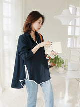 ネイビーのロングシャツ 着用 全体 ゆったりしたシルエット