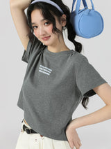 下集シリーズ｜英字ロゴ入り 正肩 半袖Tシャツ｜短め丈 コットン ヘザーグレー/ブラック/ホワイト/ベージュ S〜XL