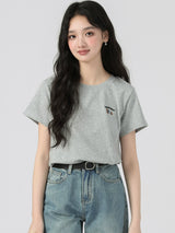 下集シリーズ｜ワンポイント刺繍 半袖Tシャツ｜正肩 ゆったり 短め丈 ヒースグレー/ブルー/クリームイエロー S〜XL