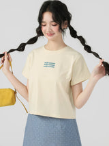 下集シリーズ｜英字ロゴ入り 正肩 半袖Tシャツ｜短め丈 コットン ベージュ/ブラック/ホワイト/グレー S〜XL