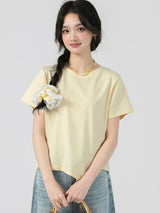 下集シリーズ｜アシンメトリーヘム 半袖Tシャツ｜短め丈 正肩 コットン ベージュ/ホワイト/ブラック/ピンク/ライトブルー S〜XL