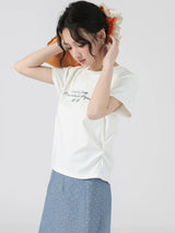 下集シリーズ｜サイドシャーリング 英字プリント 半袖Tシャツ｜リブ編み 短め丈 スリム ホワイト/パープル/ライトグレーブルー S〜XL