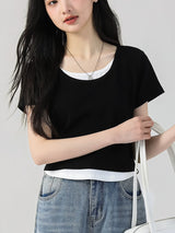 下集シリーズ｜ブラック フェイクレイヤード 半袖Tシャツ｜正肩 ショート丈 ネイビー/ブラック/ホワイト/イエロー S〜XL