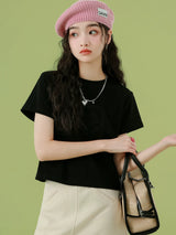 下集シリーズ｜ショート丈 半袖Tシャツ｜正肩 スリム リブ編み 無地 ブラック/ホワイト/ヘザーグレー/ベージュ S〜XL