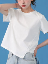 下集シリーズ｜アシンメトリーヘム 半袖Tシャツ｜ホワイト 短め丈 正肩 コットン ブラック/ピンク/グレー/ライトブルー S〜XL