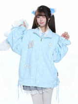 MJMTシリーズ｜スター柄 ジップアップ ジャケット 秋 裾ドローコード ゆったり ライトブルー/ブラック S/M/L/XL