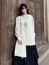 FG721シリーズ｜半高領 スカーフ風リボン付き ドレープシャツ ユニセックス ブラック・ライトグリーン S/M/L/XL