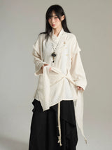FG721シリーズ｜ブラック/アプリコット 重ね着風 ロングスリーブシャツ 腰ひも付き ユニセックス M/L/XL