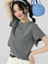 下集シリーズ｜ショート丈 半袖Tシャツ｜正肩 スリム リブ編み 無地 ヘザーグレー/ホワイト/ブラック/ベージュ S〜XL