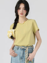 下集シリーズ｜ショート丈 半袖Tシャツ｜40番手コットンリブ 切り替えデザイン ゆったり イエロー/グリーン/ホワイト/ピンク S〜XL