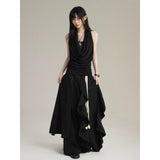 FG721シリーズ｜ドレープネック ホルタートップス フリルワイドパンツ セットアップ グレー・ブラック M/L/XL