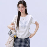 下集シリーズ｜バタフライ他 プリント・無地 半袖Tシャツ｜正肩 スリム 短め丈 17タイプ S〜XL