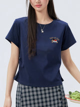 下集シリーズ｜ワンポイント刺繍 サイドシャーリング 半袖Tシャツ｜正肩 短め丈 2カラー S〜XL