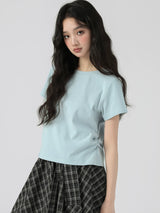 下集シリーズ｜サイドシャーリング 半袖Tシャツ｜リブ編み 短め丈 スリム ライトグレーブルー/パープル/ホワイト S〜XL