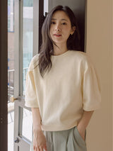 パフスリーブTシャツ クリームイエロー 着用 バストアップ