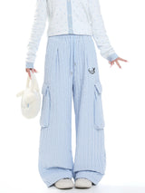 MJMTシリーズ｜ブルーストライプ ワイドカーゴパンツ 裏起毛 ウエストゴム 冬 S/M/L/XL