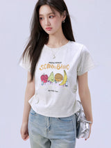 下集シリーズ｜フルーツキャラクタープリント 半袖Tシャツ｜正肩 スリム 短め丈 2カラー S〜XL