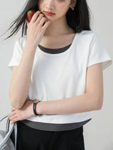 下集シリーズ｜ホワイト フェイクレイヤード 半袖Tシャツ｜正肩 ショート丈 ネイビー/ブラック/ホワイト/イエロー S〜XL