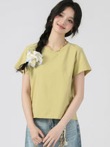 下集シリーズ｜ショート丈 半袖Tシャツ｜40番手コットンリブ 切り替えデザイン ゆったり イエロー/グリーン/ホワイト/ピンク S〜XL