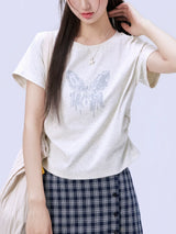 下集シリーズ｜バタフライプリント サイドシャーリング 半袖Tシャツ｜正肩 短め丈 2カラー S〜XL