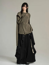 FG721シリーズ｜ダークグレー/グリーン スカーフ襟 ロングスリーブシャツ 日系レトロ ユニセックス M/L/XL