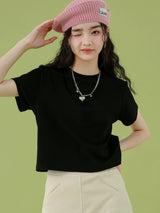 下集シリーズ｜ショート丈 半袖Tシャツ｜正肩 スリム リブ編み 無地 ブラック/ホワイト/ヘザーグレー/ベージュ S〜XL