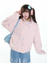 MJMTシリーズ｜星ボタン フード付き スウェットジャケット ゆったり ピンク/グレー S/M/L