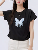 下集シリーズ｜バタフライプリント サイドシャーリング 半袖Tシャツ｜ブラック 正肩 短め丈 2カラー S〜XL