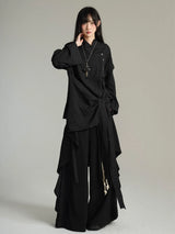 FG721シリーズ｜ブラック/アプリコット 重ね着風 ロングスリーブシャツ 腰ひも付き ユニセックス M/L/XL